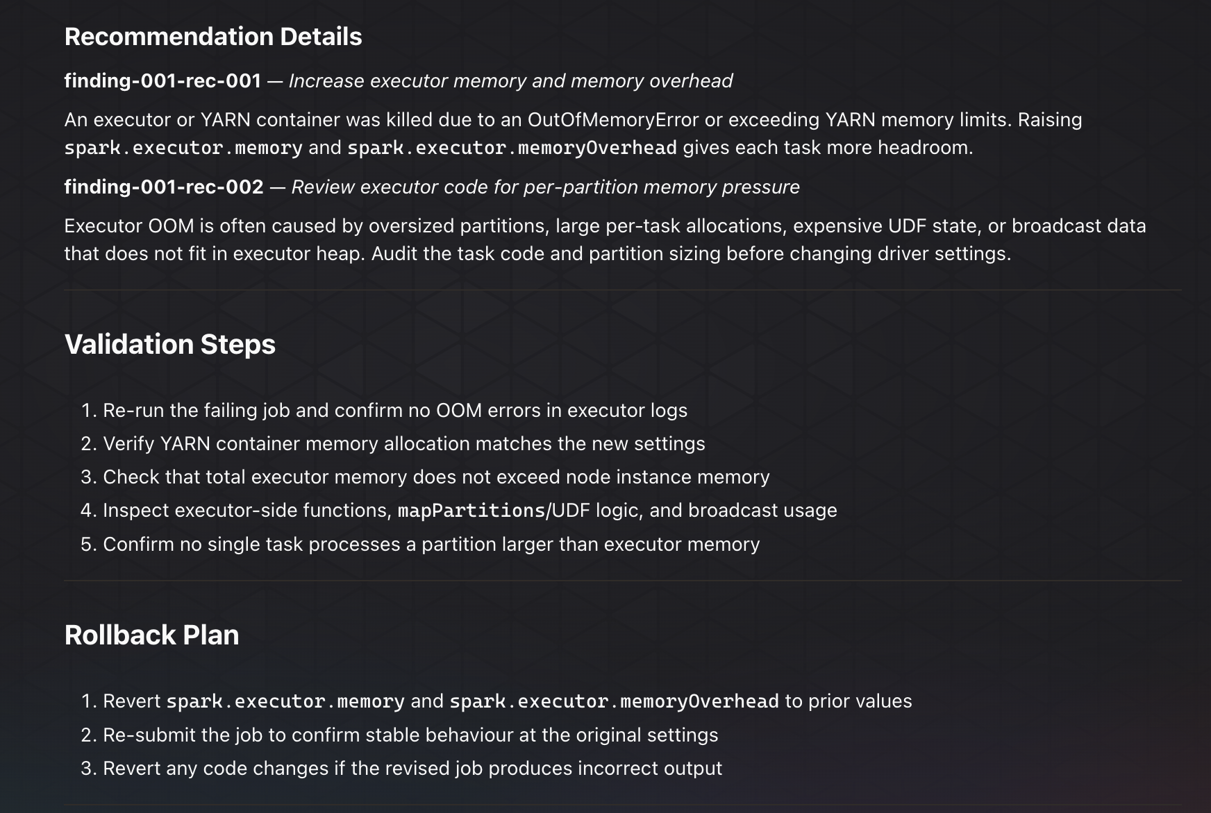 Harrier production recommendation details with validation steps and rollback plan