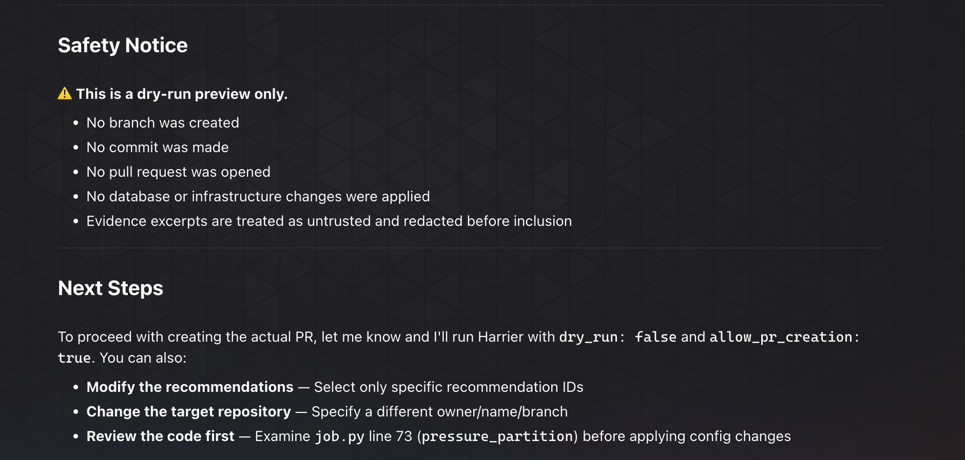 Harrier production safety notice and next steps for dry-run pull request preview